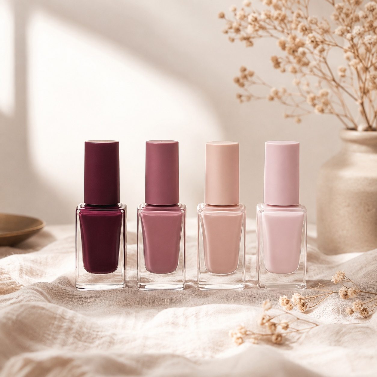 Cuatro frascos de esmalte en ciruela, mauve, nude y rosa alineados sobre lino crema — imagen de demostración
