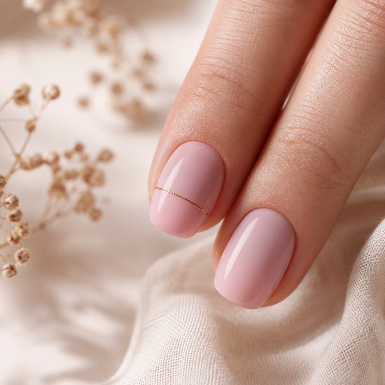 Detalle de dos dedos con las uñas en rosa claro y una fina línea dorada sobre una de ellas — imagen de demostración