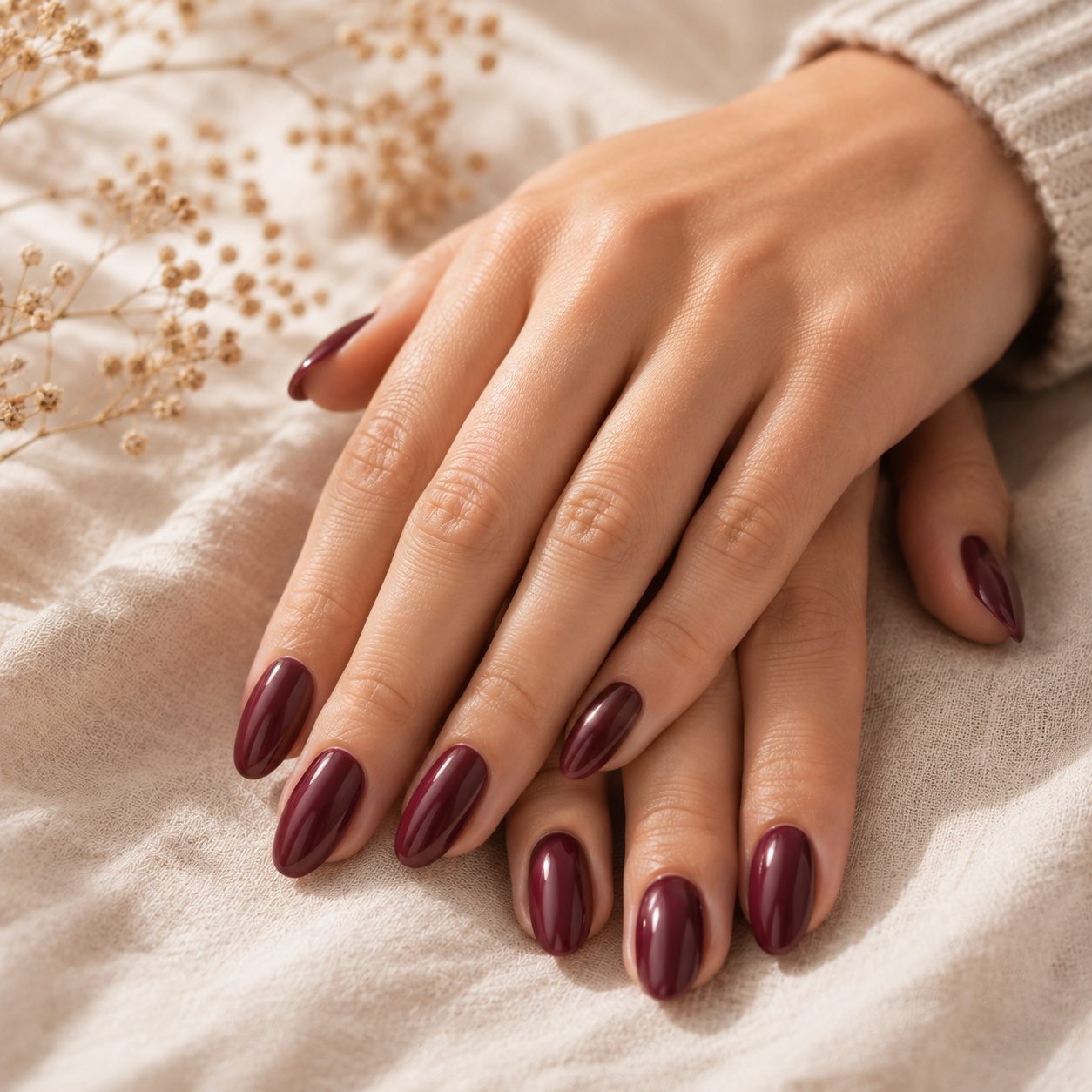 Dos manos en reposo, una sobre otra, con las uñas esmaltadas en ciruela brillante sobre un paño crema, junto a ramitas de gipsófila seca