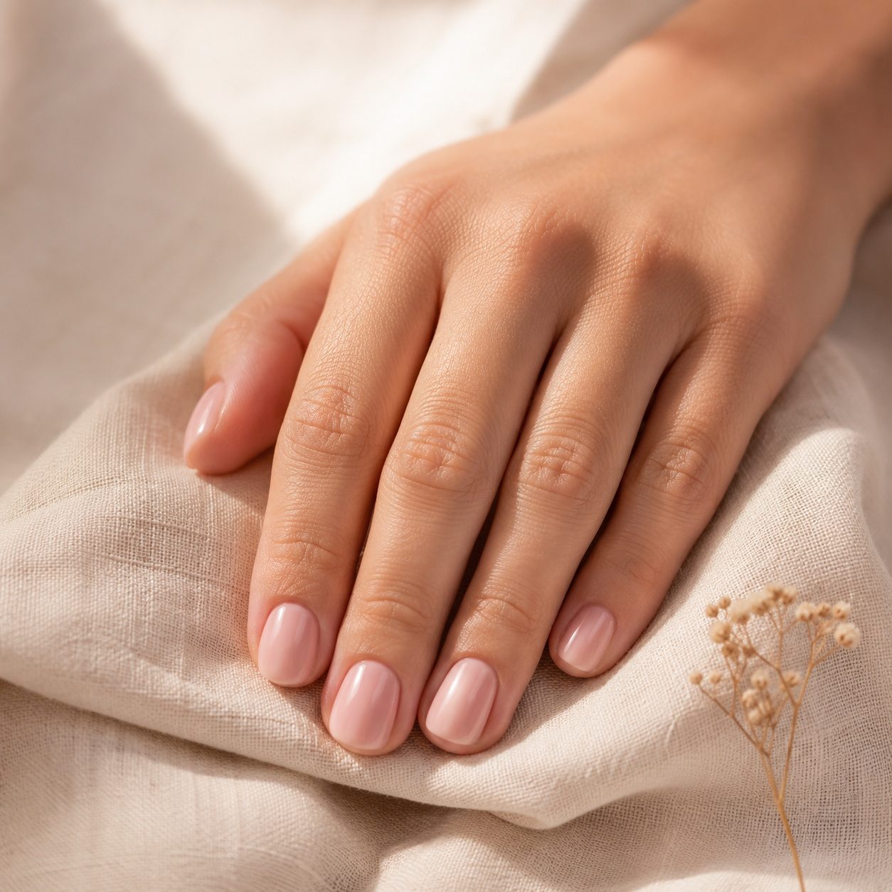 Mano apoyada sobre lino crema con las uñas cortas esmaltadas en nude rosado brillante — imagen de demostración